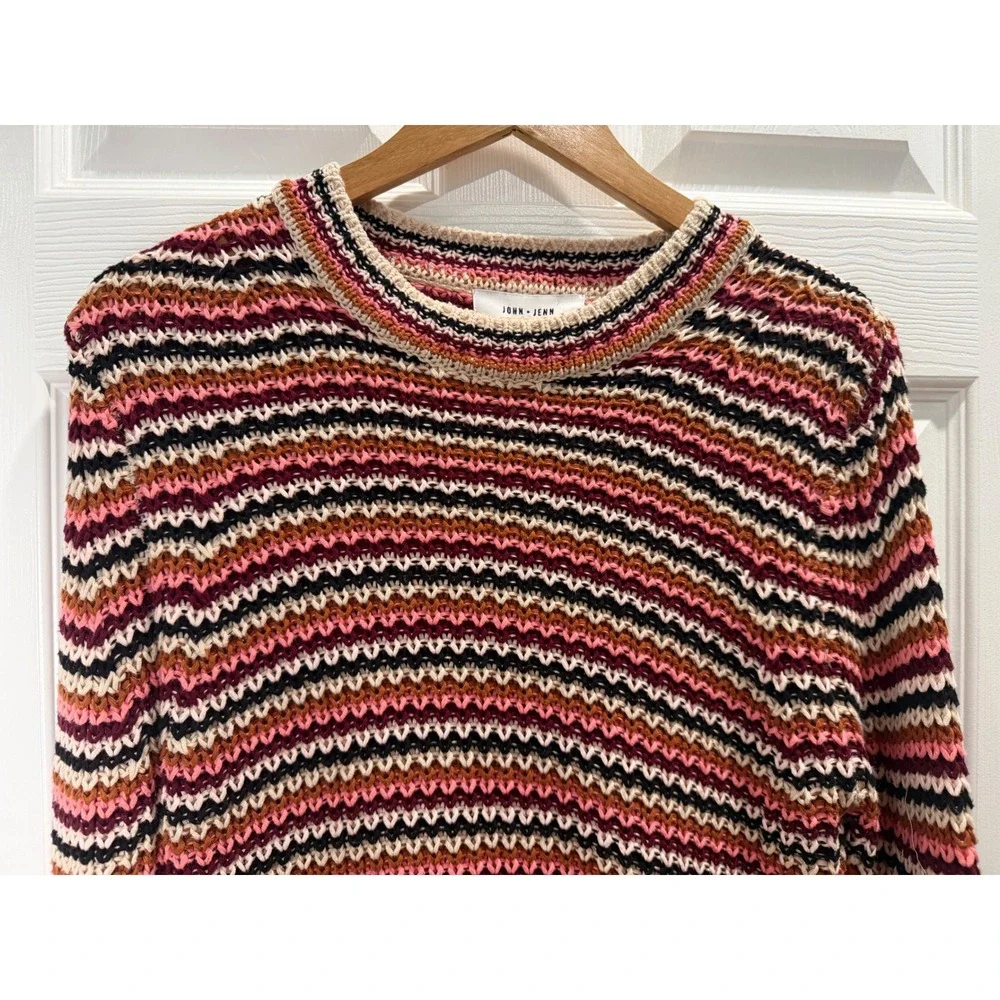 John + Jenn Striped Cotton Knit Sweater Women Medium Crochet Look Boho Versatile